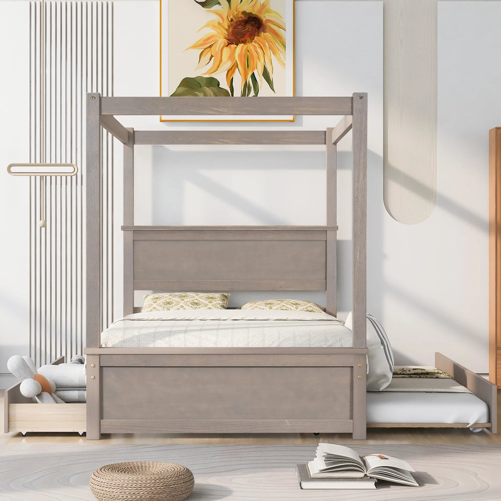 Light Brown Full Size Wood Canopy Platform Bed with 2 Drawers and Trundle Z4229