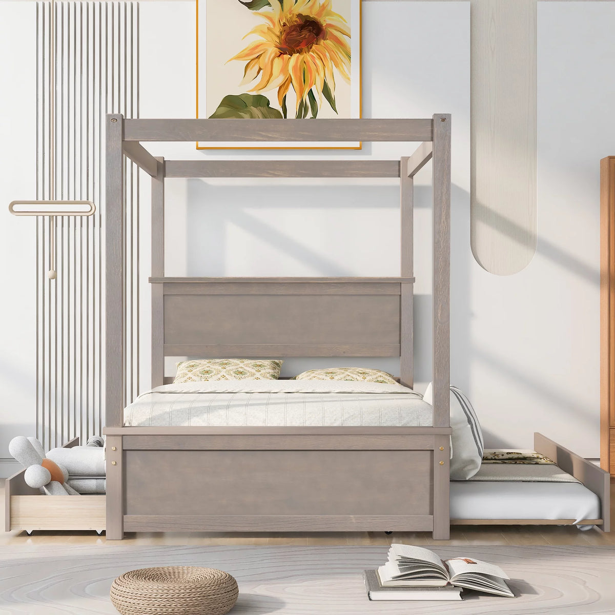 Light Brown Full Size Wood Canopy Platform Bed with 2 Drawers and Trundle Z4229