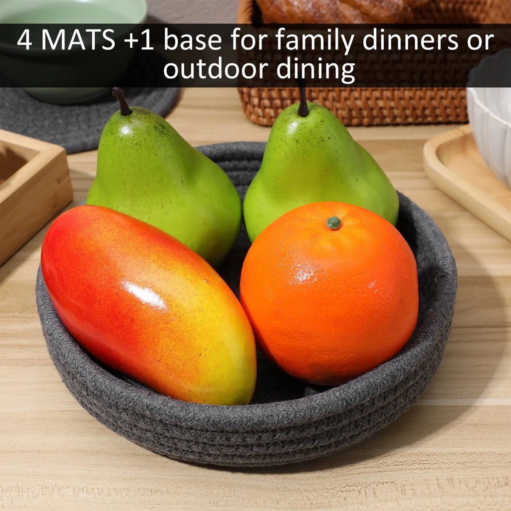 Dark Grey Cotton Rope Placemat Set Round Woven Coasters K657