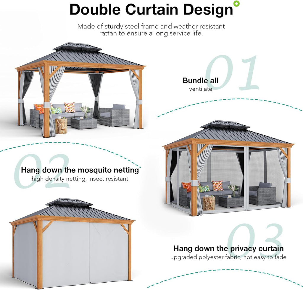 10’ x 12’ Hardtop Aluminum Gazebo with Galvanized Steel Roof Canopy and Netting (Grey) C711475