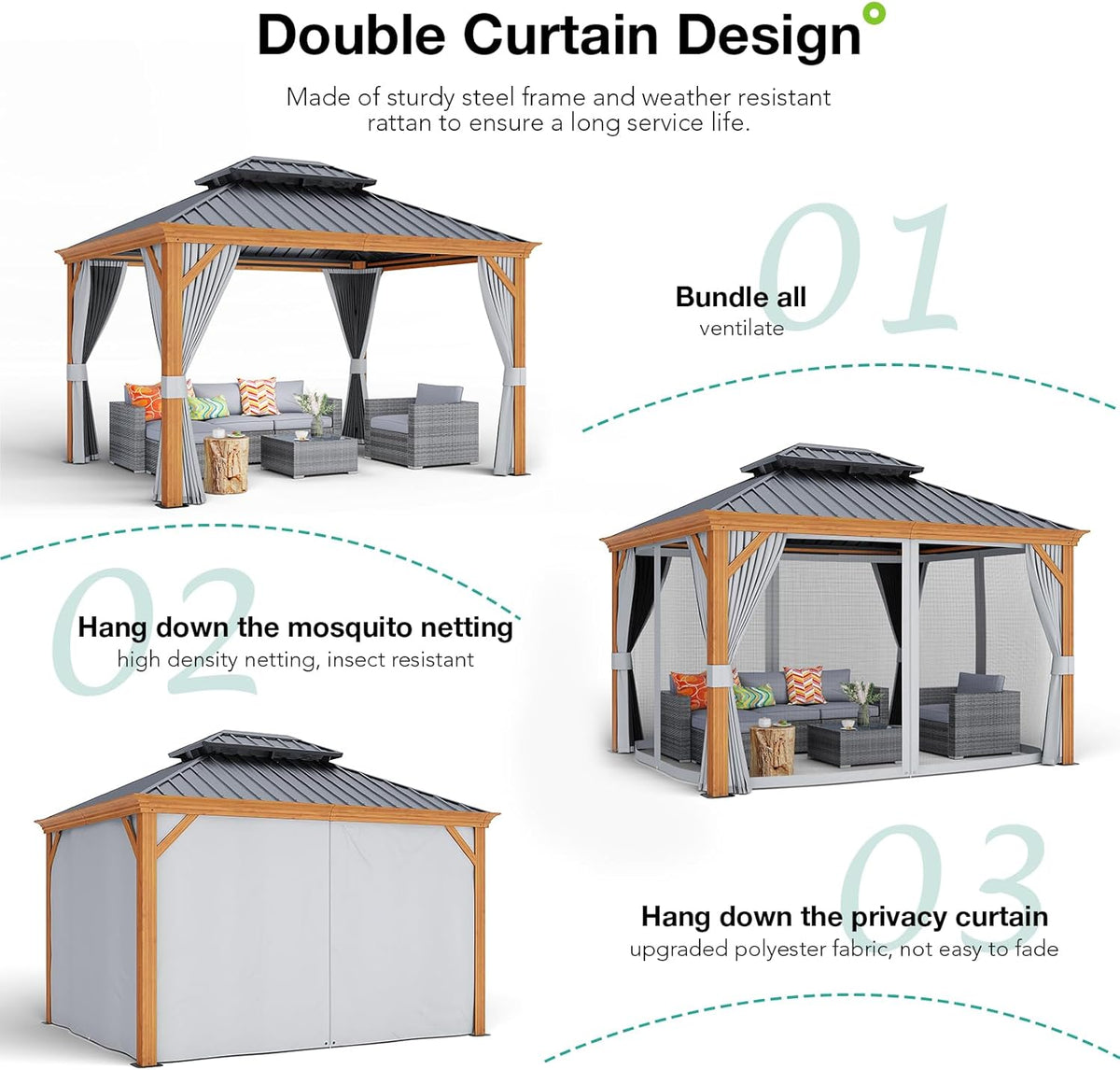 10’ x 12’ Hardtop Aluminum Gazebo with Galvanized Steel Roof Canopy and Netting (Grey) C711475