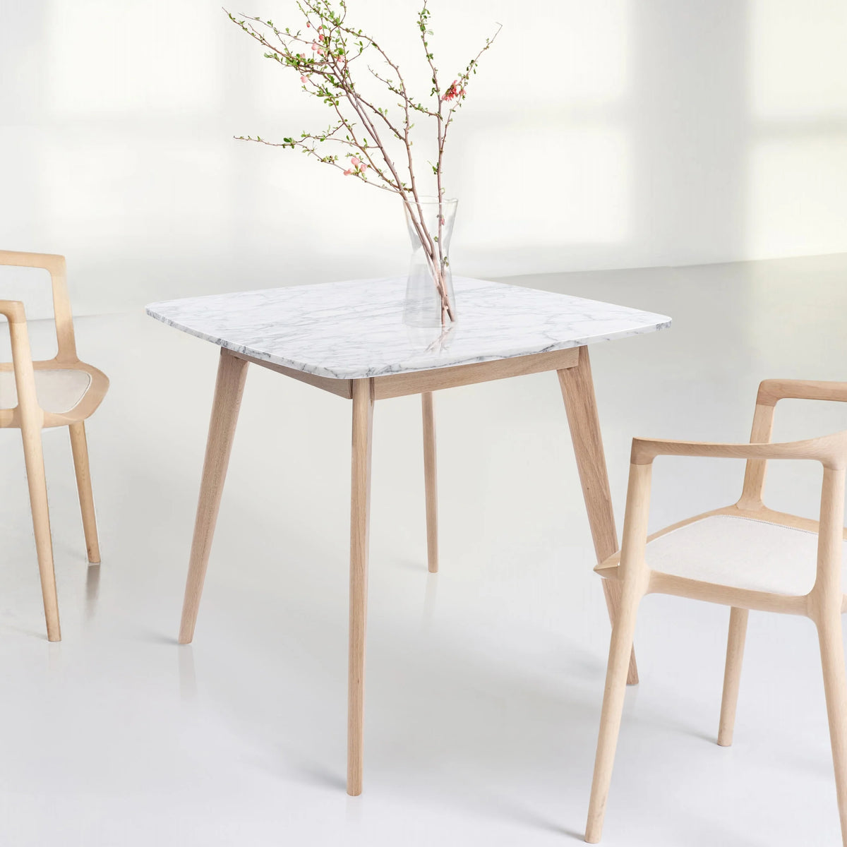 31" Square White Marble Dining Table with Oak Legs Y649204