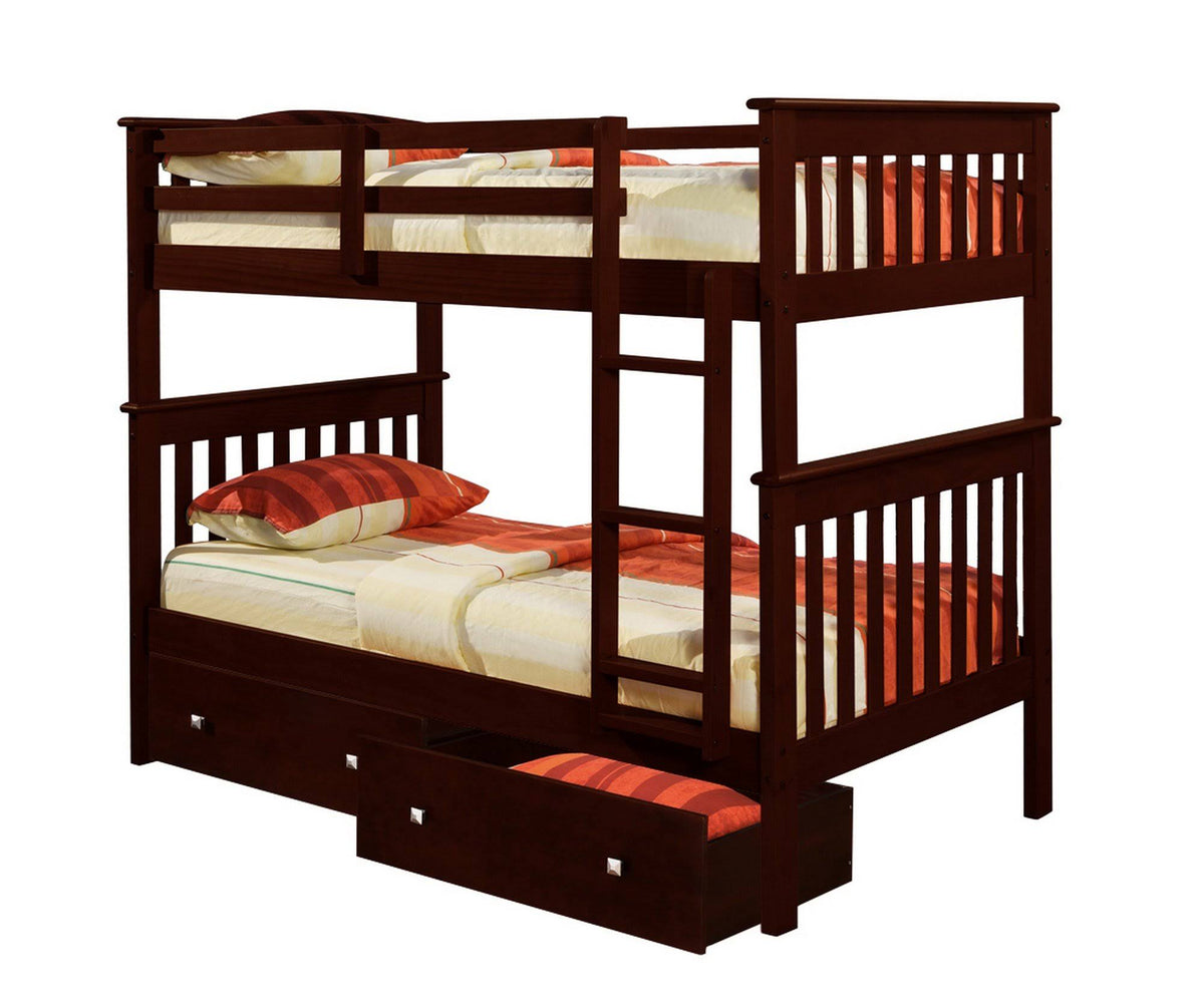 Twin/Twin Mission Bunk Bed with Under Bed Drawers Cappuccino Finish E4466