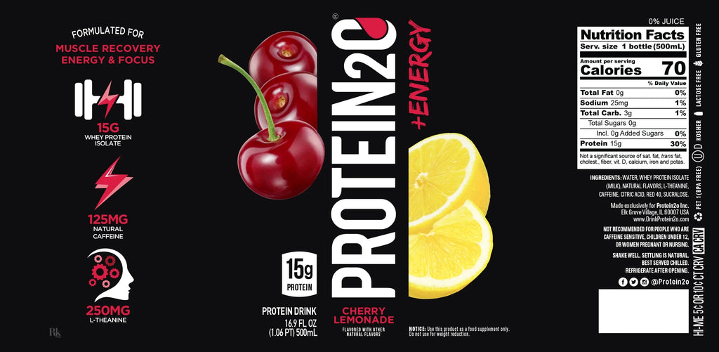 15g Whey Protein Infused Water Plus Energy, Cherry Lemonade, 16.9 fl oz Bottle (12-Pack) S757
