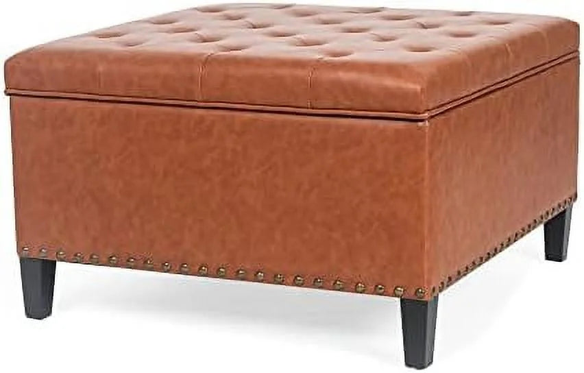 Orange Upholstered Tufted Ottoman Bench with Wood Legs T895