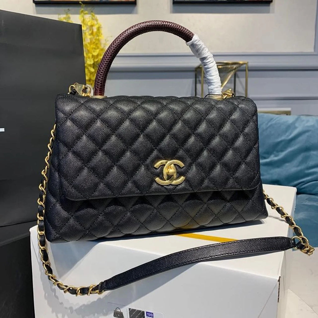 Black Large Flap Bag With Top Handle D1484