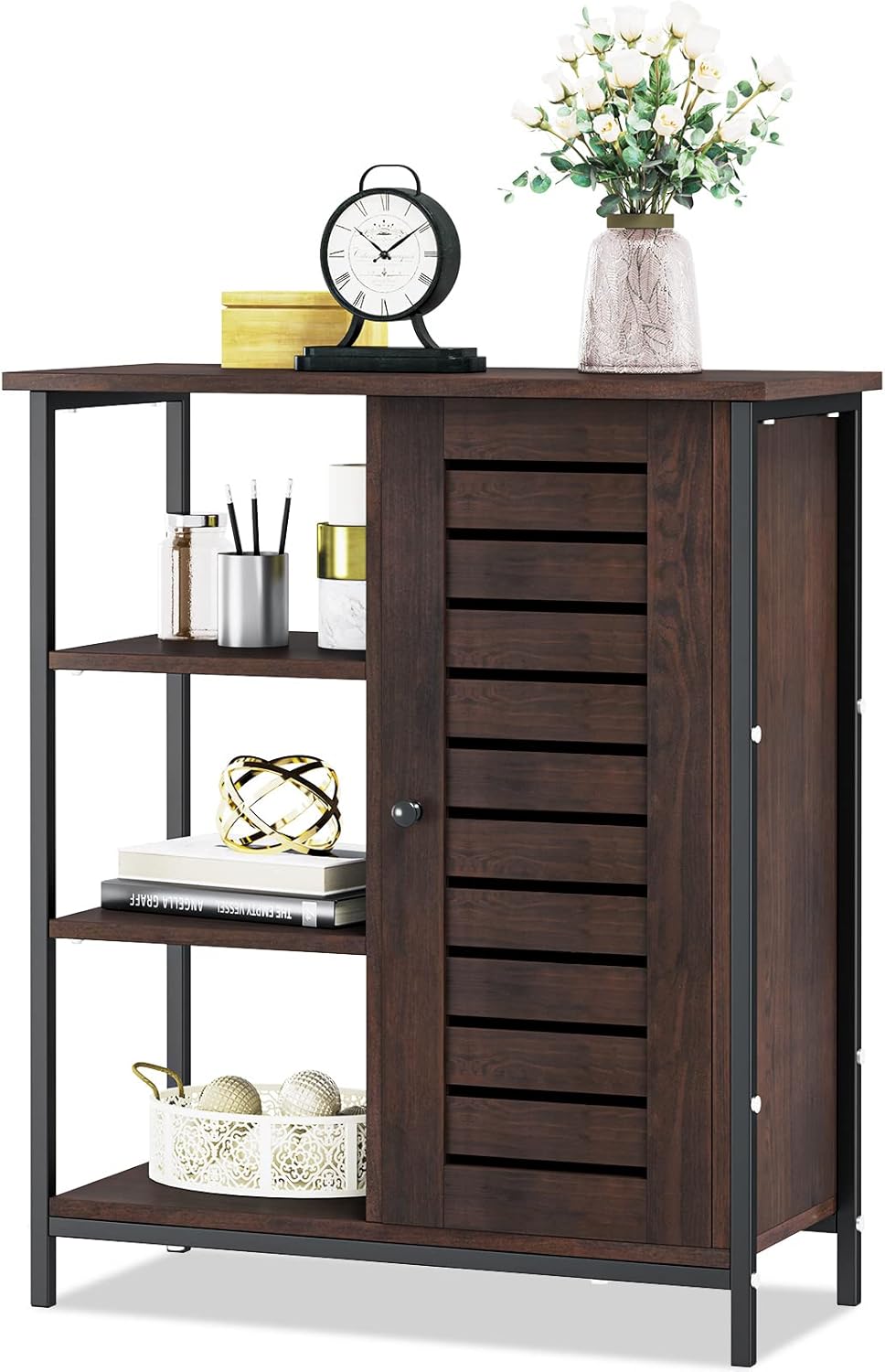 Dark Walnut Storage Cabinet with Metal Frame B821689