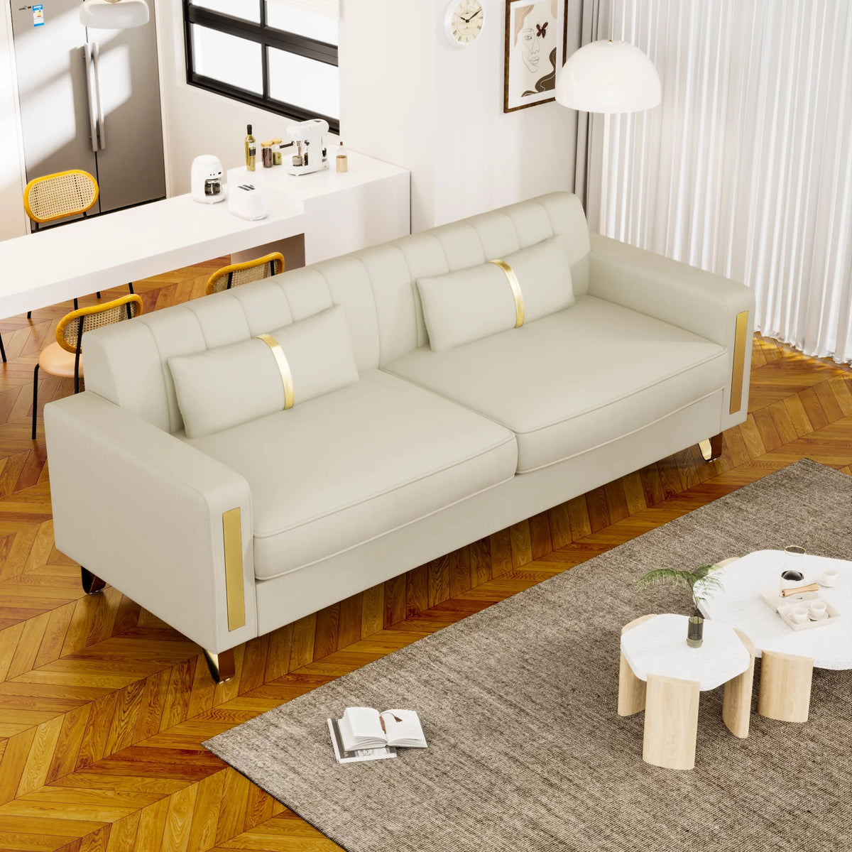 Velvet Upholstered Sofa with Pillows Gold Metal Legs T677