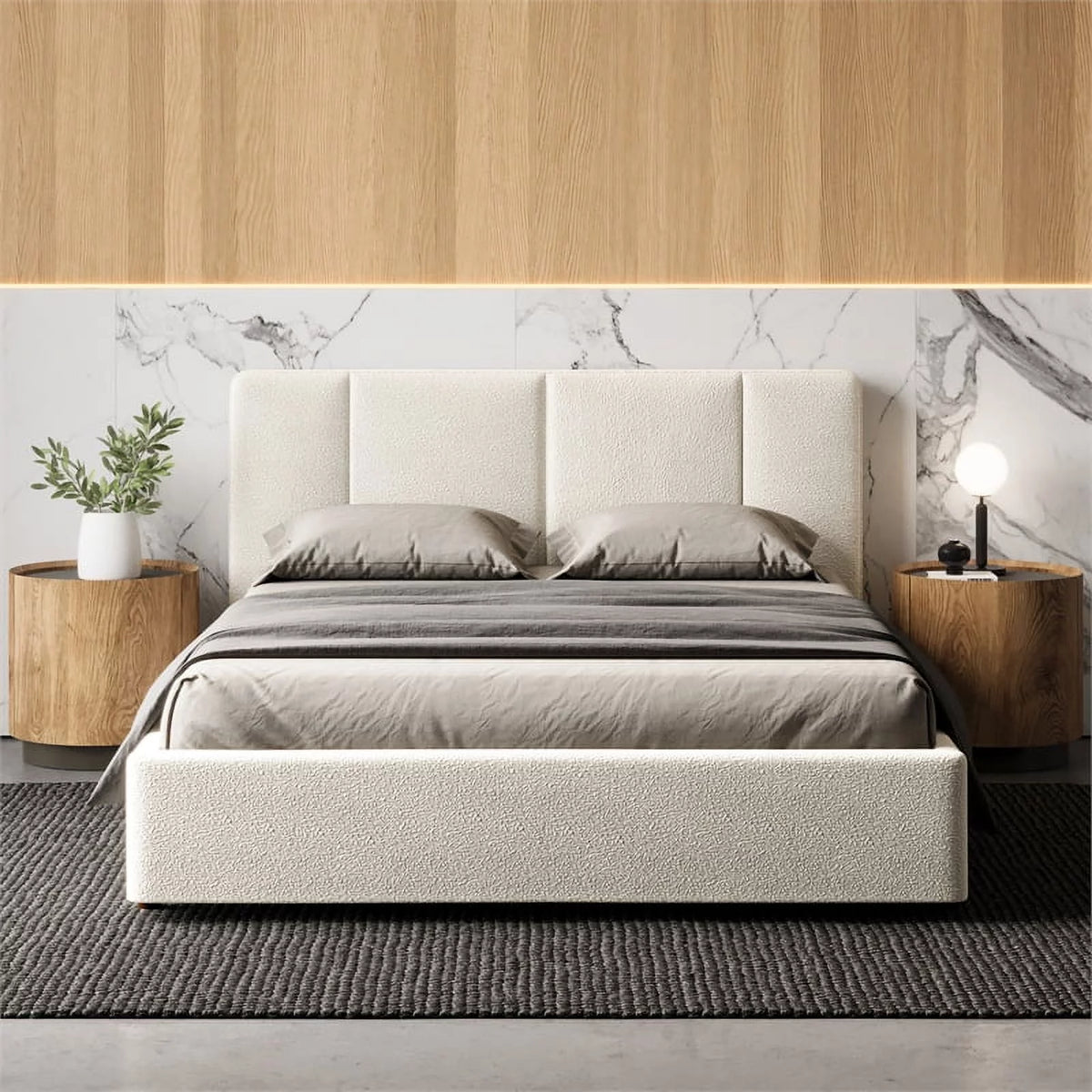 Queen Bed Cream Beige Boucle Fabric N874793