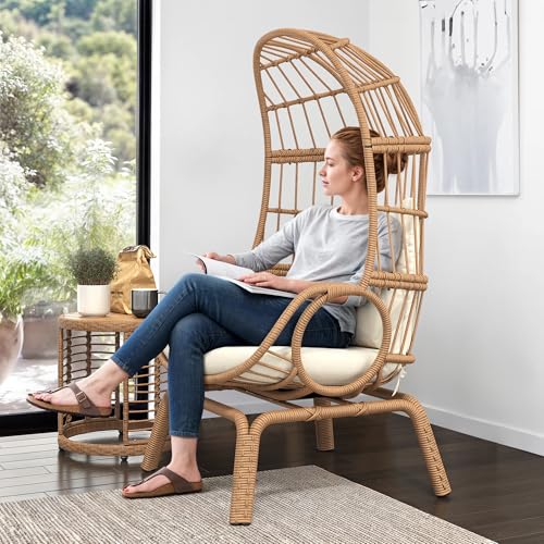 Beige Wicker Egg Chair with Ottoman C8349