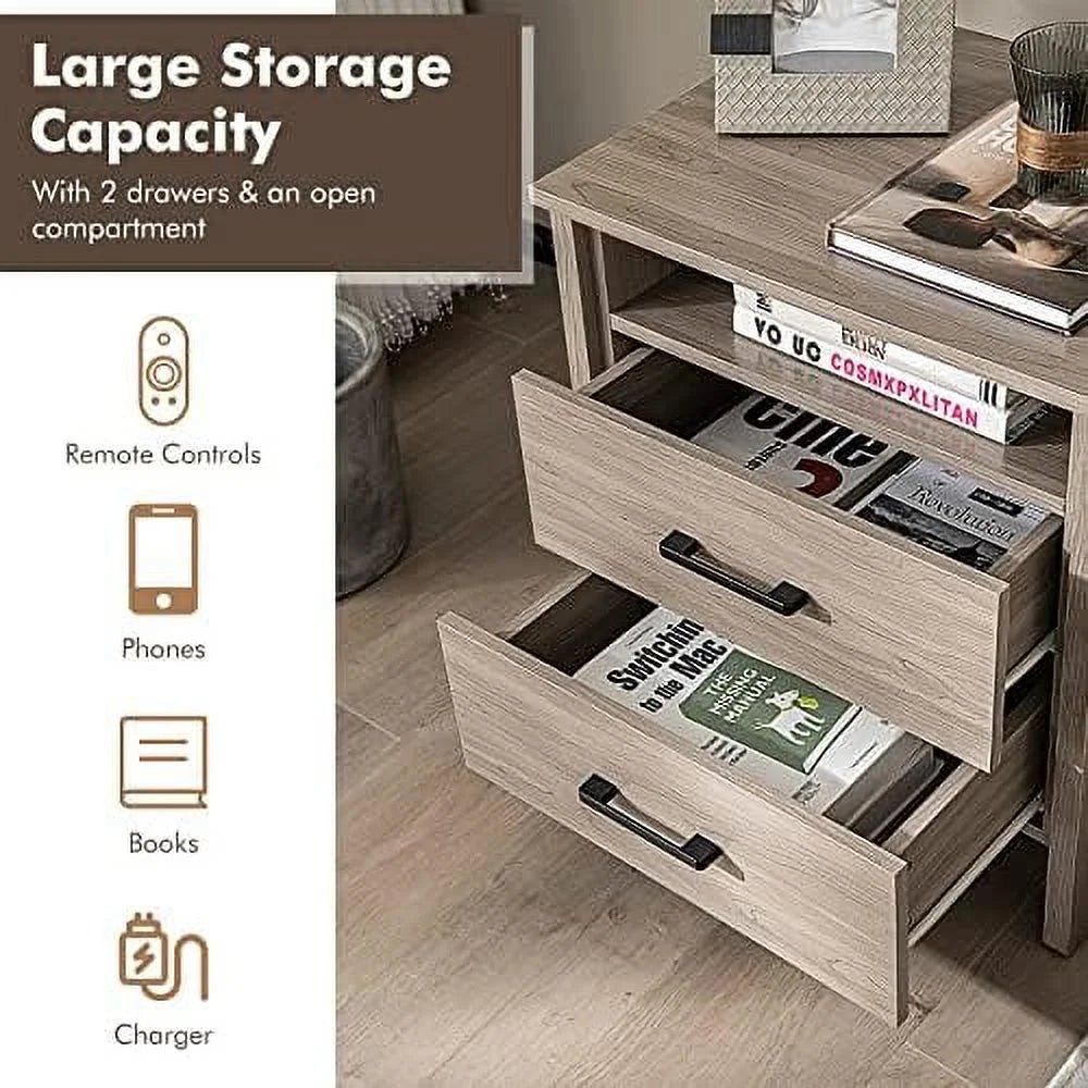 Oak 2 Drawer Wooden Nightstand E72615