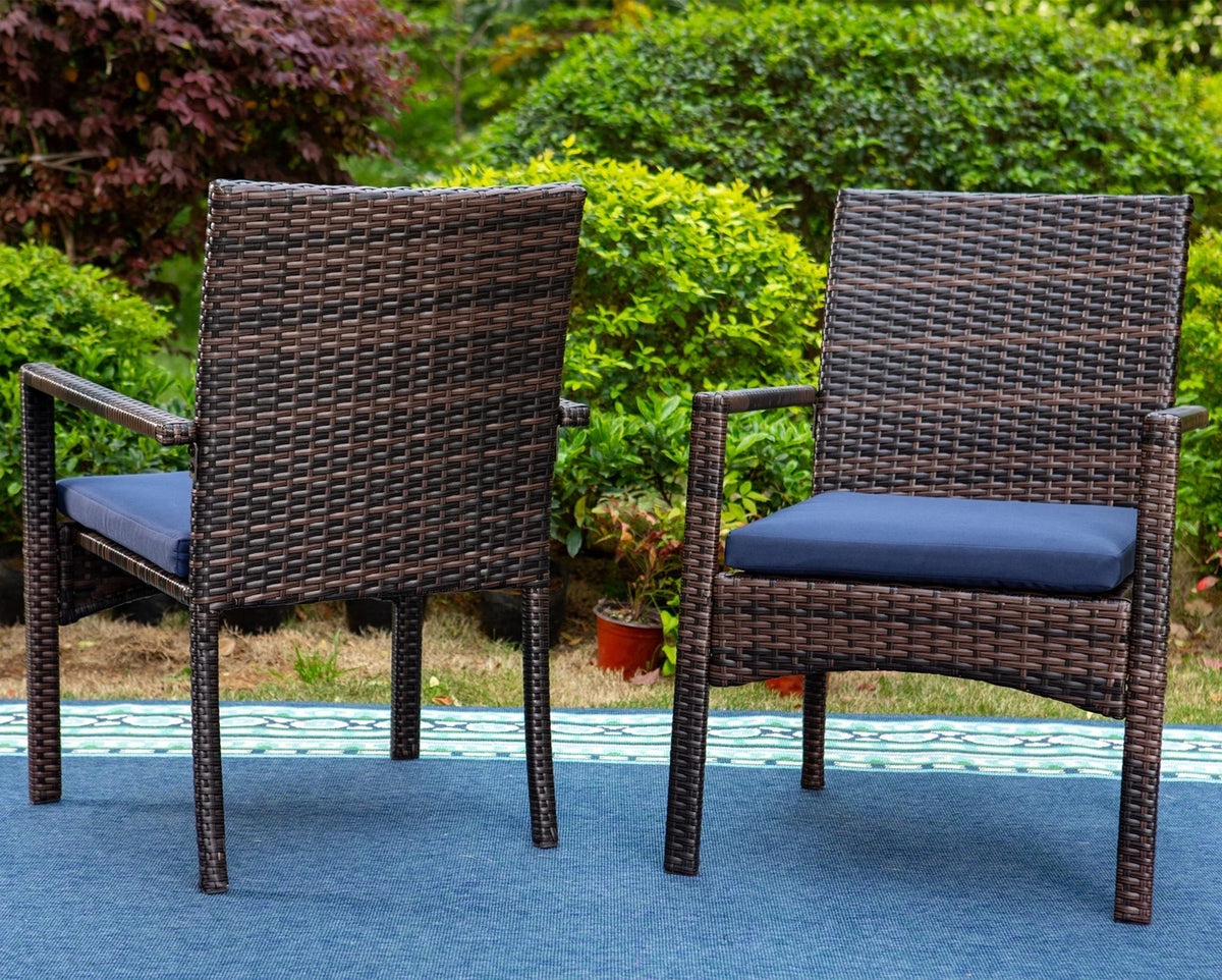 7-Piece Outdoor Patio Dining Set with Metal Table and 6 Rattan Cushioned Armchairs, Navy Blue A1345