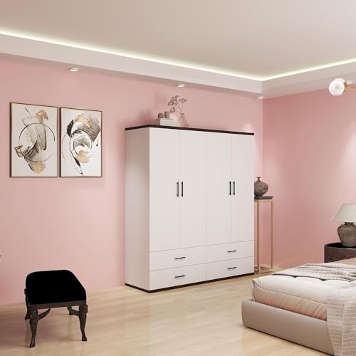 White 4 Door Wood Armoire Wardrobe with 2 Hanging Rods and 2 Drawers L71911