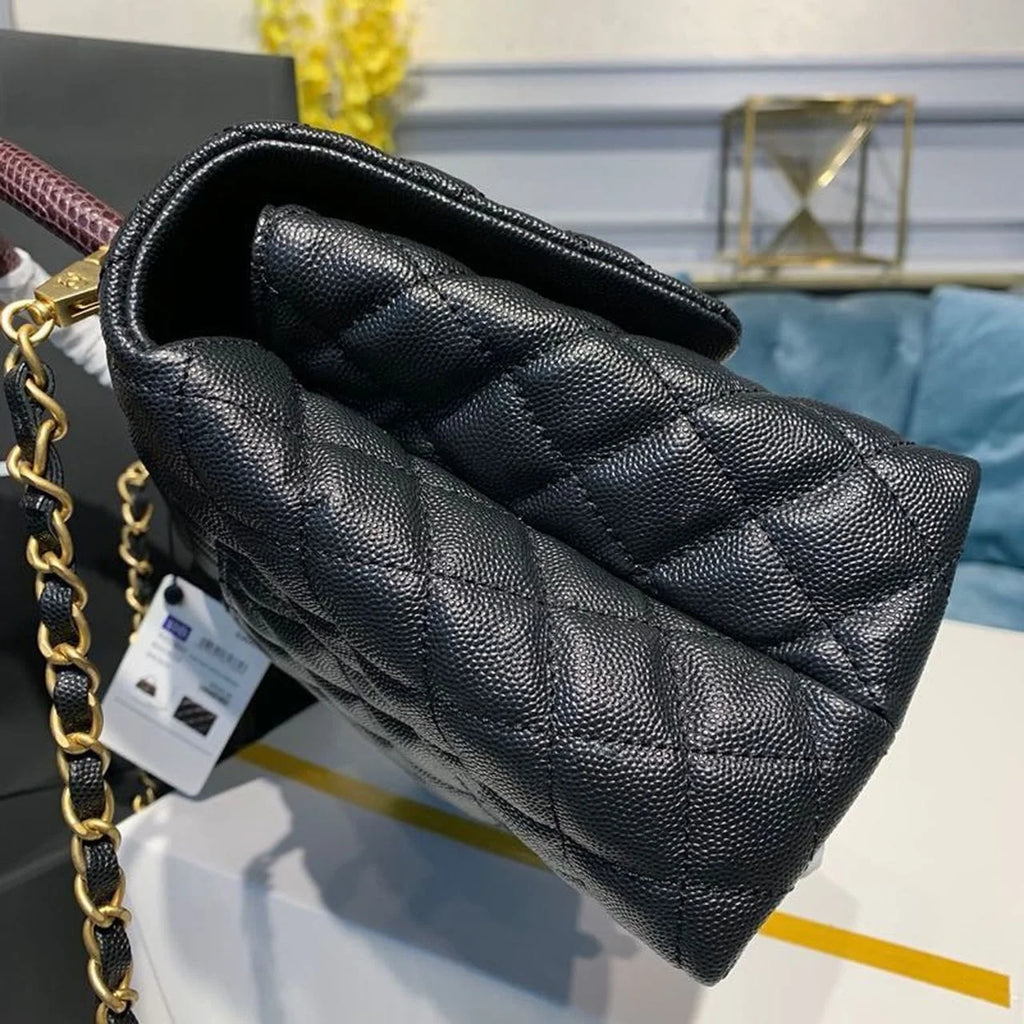 Black Large Flap Bag With Top Handle D1484