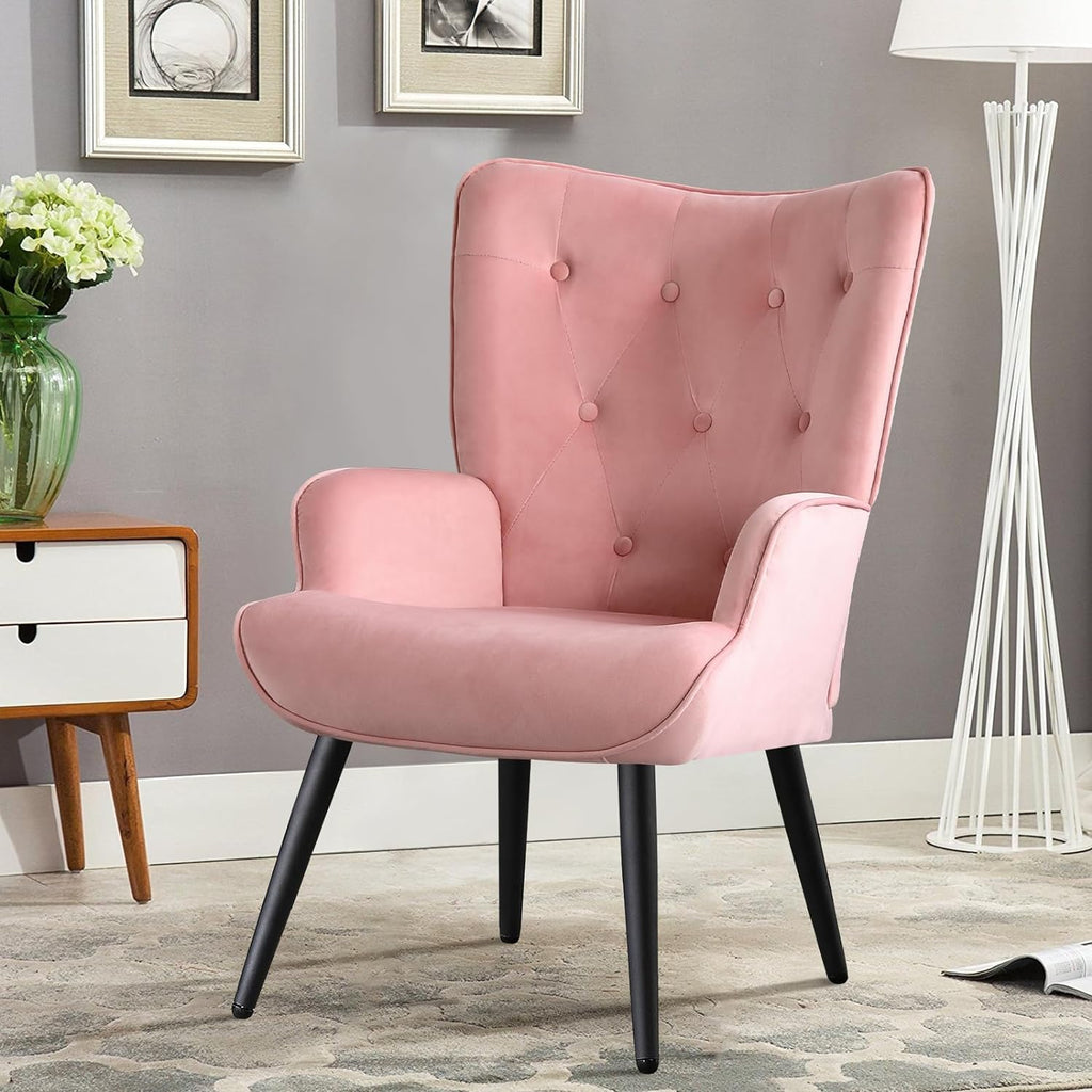 Pink Velvet Tufted Wingback Accent Chair with Solid Metal Legs J60723