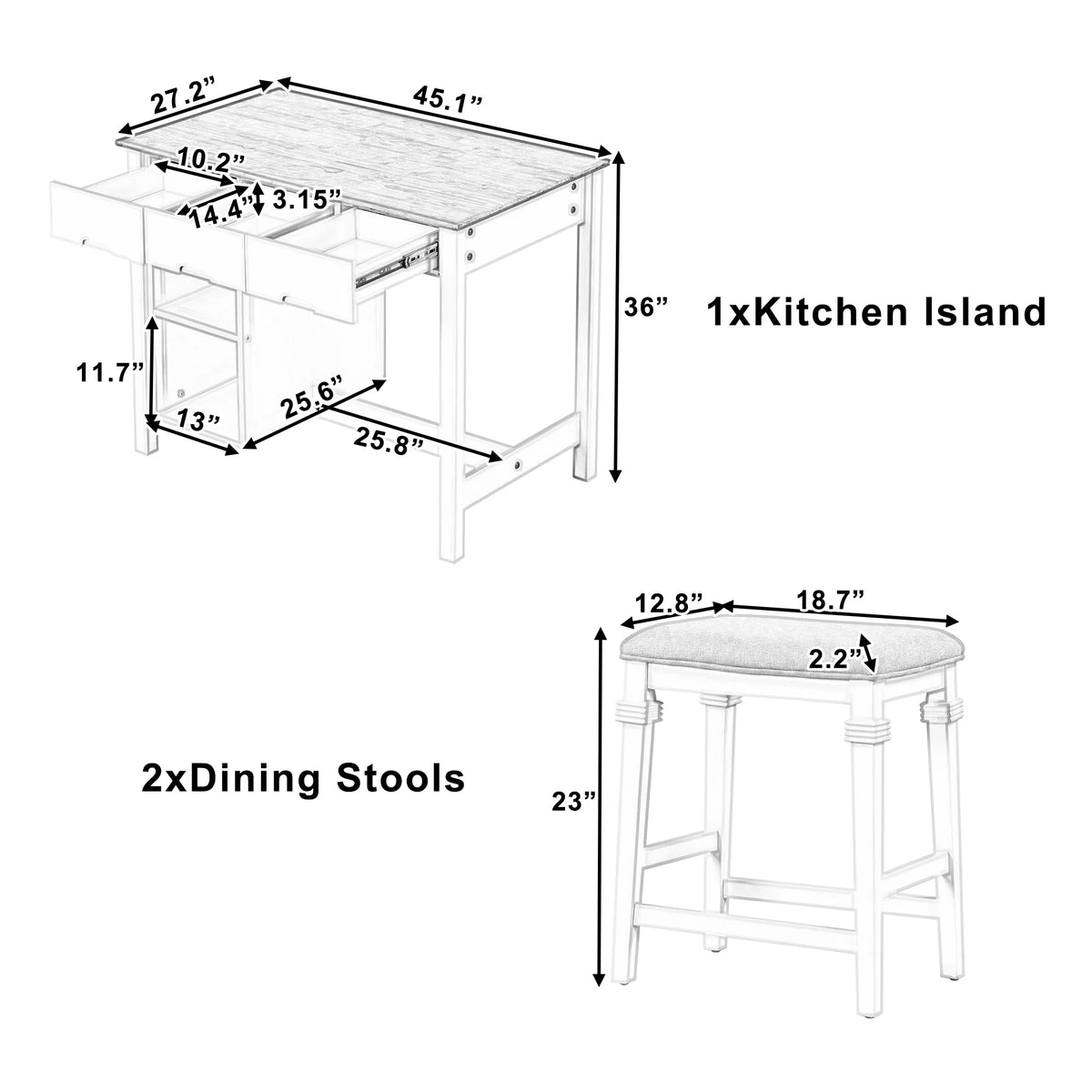 White 3-piece Rubber Wood Kitchen Island Set with 2 Shelves and 3 Drawers U16947