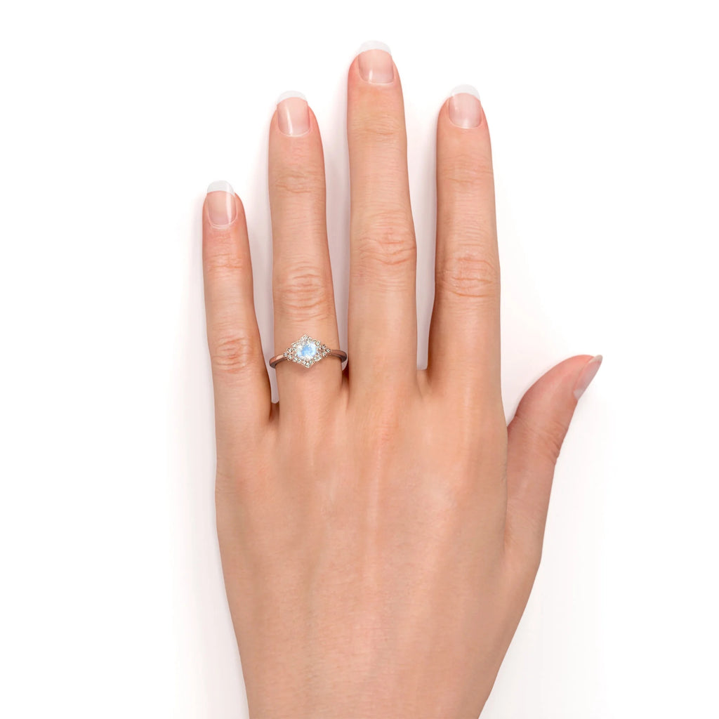 18k Rose Gold over Silver Blue Moonstone and Moissanite Engagement Ring T39799