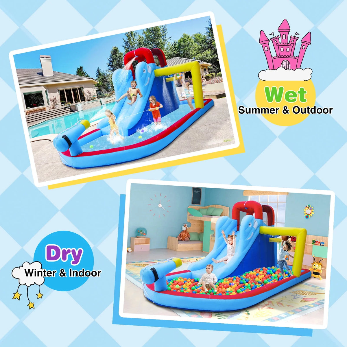 Kids Inflatable Water Slide Bouncer Playhouse Castle with Splash Pool, Climbing Wall, Basketball Hoop, Bag, Air Blower N915104
