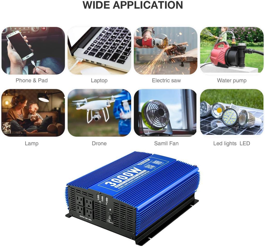 3000W Pure Sine Wave Power Inverter 12V DC to 110V AC Car Inverter with Bluetooth 4 AC Outlets 2 USB Ports G9431