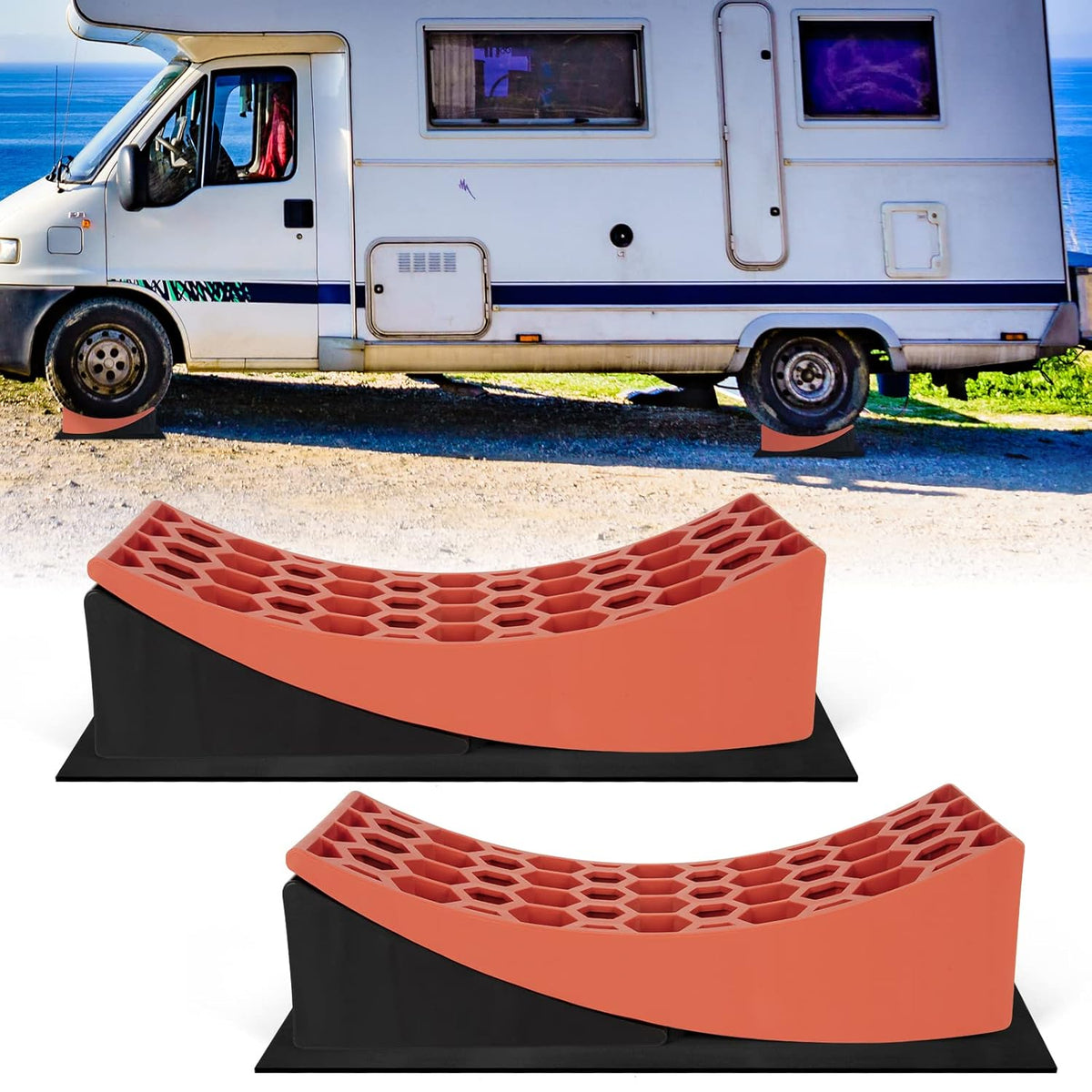 RV Camper Leveler Kit, 2 Packs Heavy Duty Curved RV Leveling Blocks Ramp Wheel Chock I5294