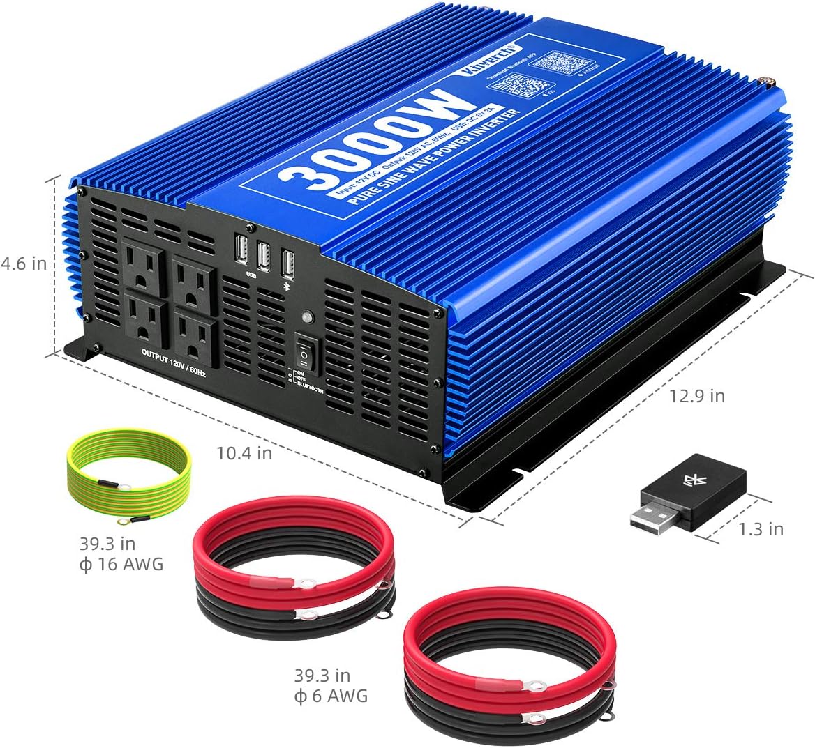 3000W Pure Sine Wave Power Inverter 12V DC to 110V AC Car Inverter with Bluetooth 4 AC Outlets 2 USB Ports G9431
