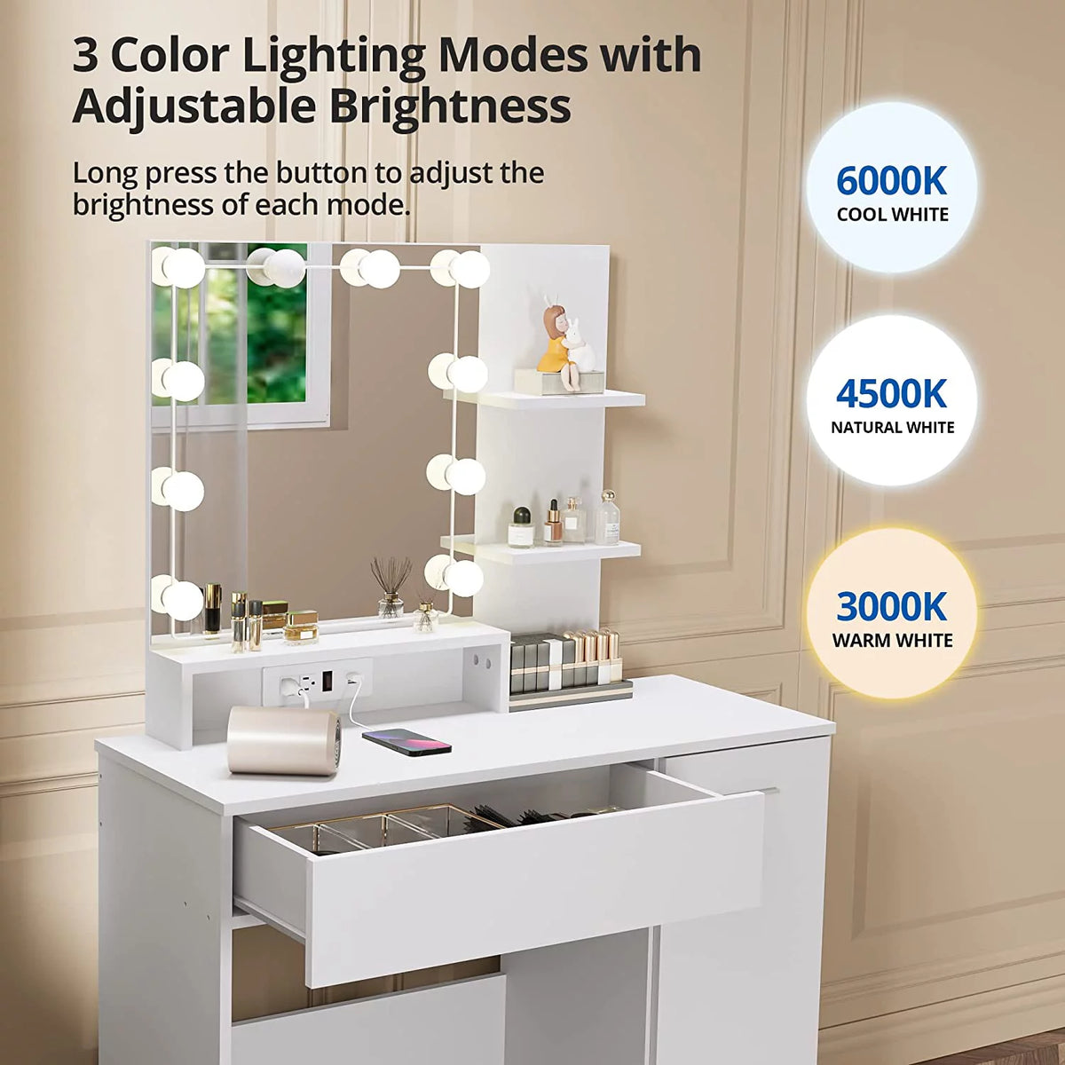 White Vanity Desk with Charging Station and Drawer C3241