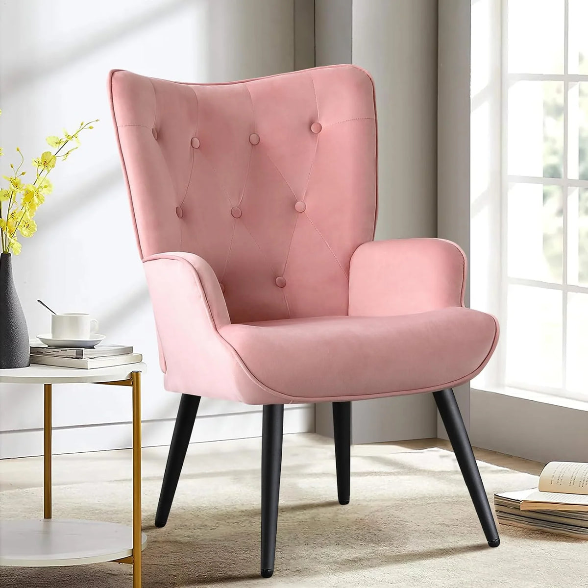 Pink Velvet Tufted Wingback Accent Chair with Solid Metal Legs J60723