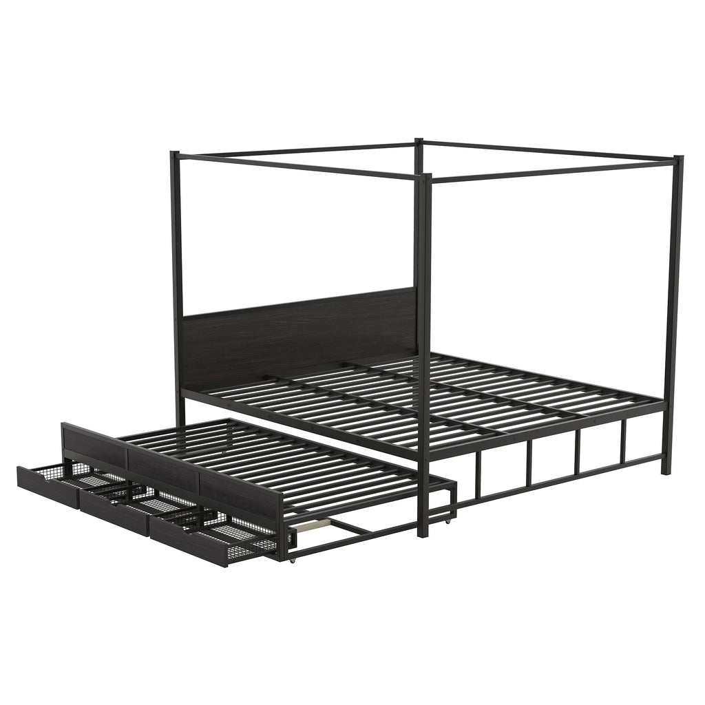 Queen Size Black Metal Canopy Platform Bed with Trundle and 3 Storage Drawers B165