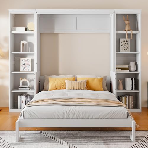 White Queen Size Murphy Wall Bed with Desk & Bookcase X2885