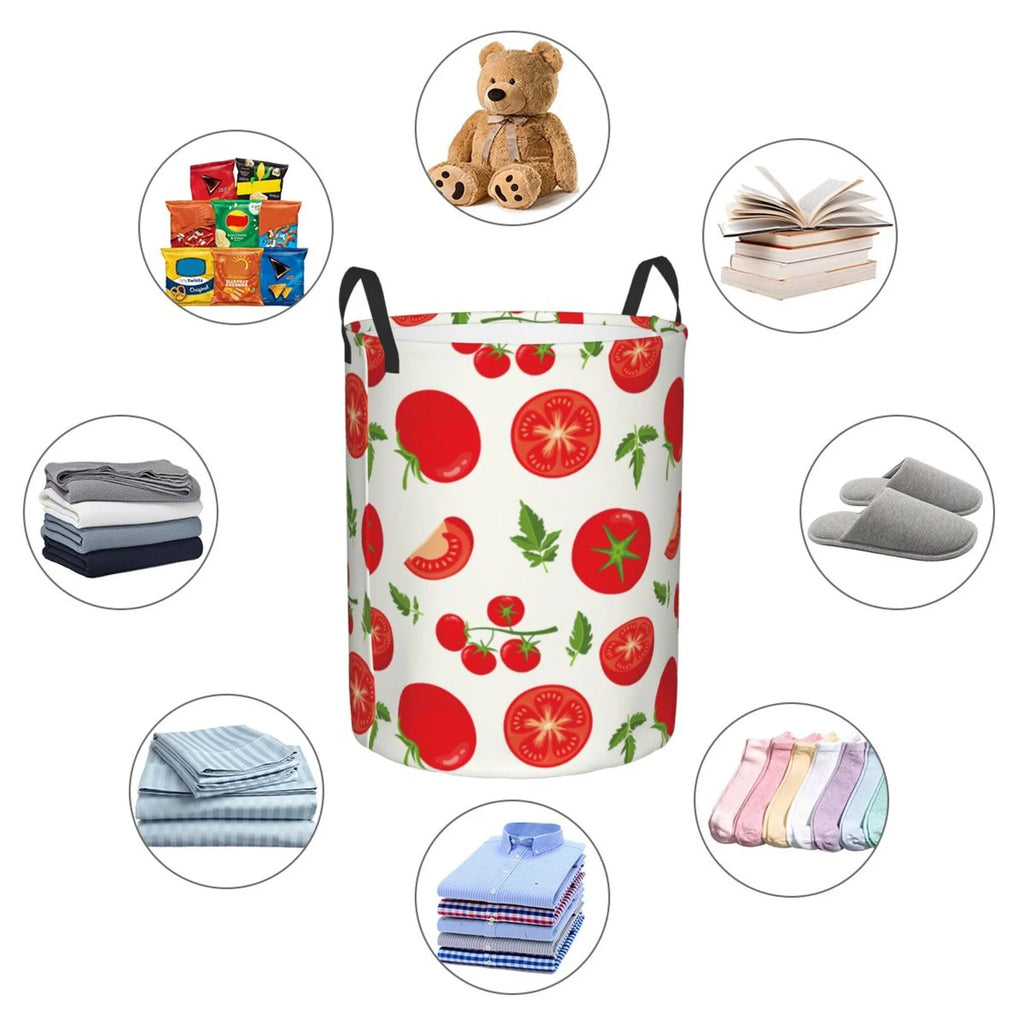 Laundry Hamper With Handles Fresh Red Tomato Round Lightweight Storage Basket Y47531