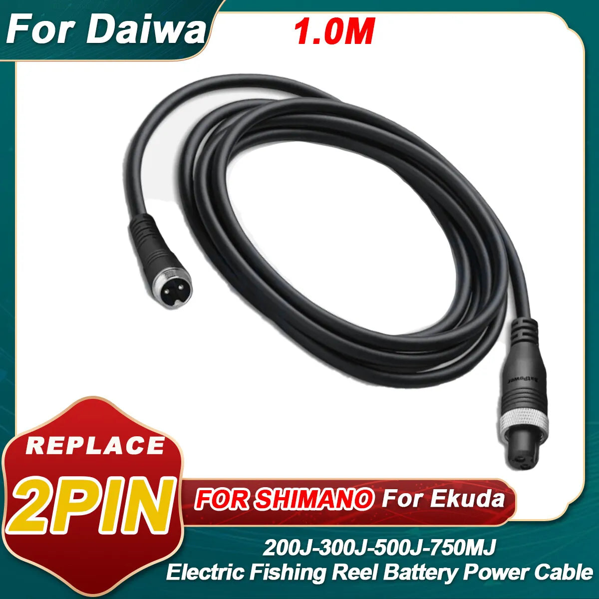1.0M 2 Pin Electric Fishing Reel Battery Power Cord Cable D3264
