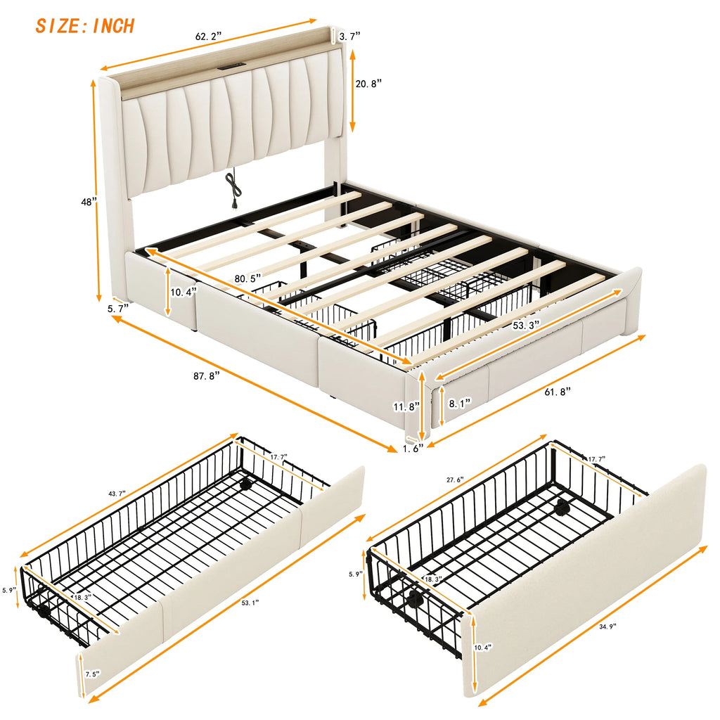Queen Size Upholstered Platform Bed Frame with 3 Drawers G7359