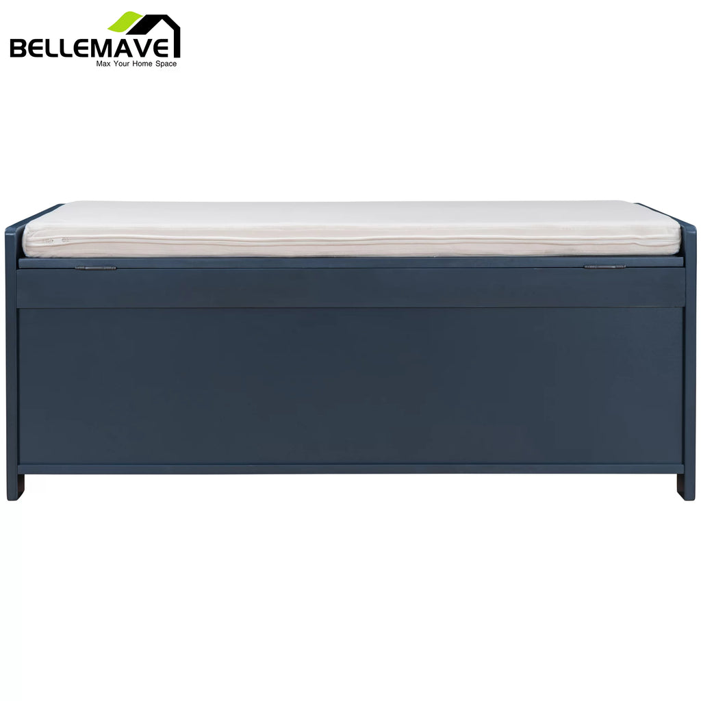 Navy Blue Wood Storage Bench with Removable Cushion and Shelves S594735