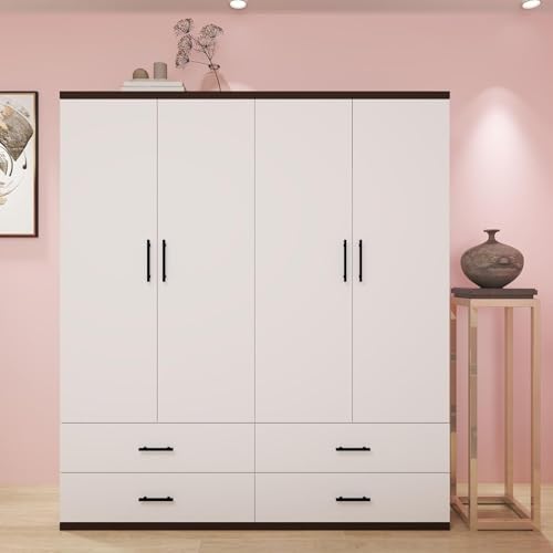 White 4 Door Wood Armoire Wardrobe with 2 Hanging Rods and 2 Drawers L71911