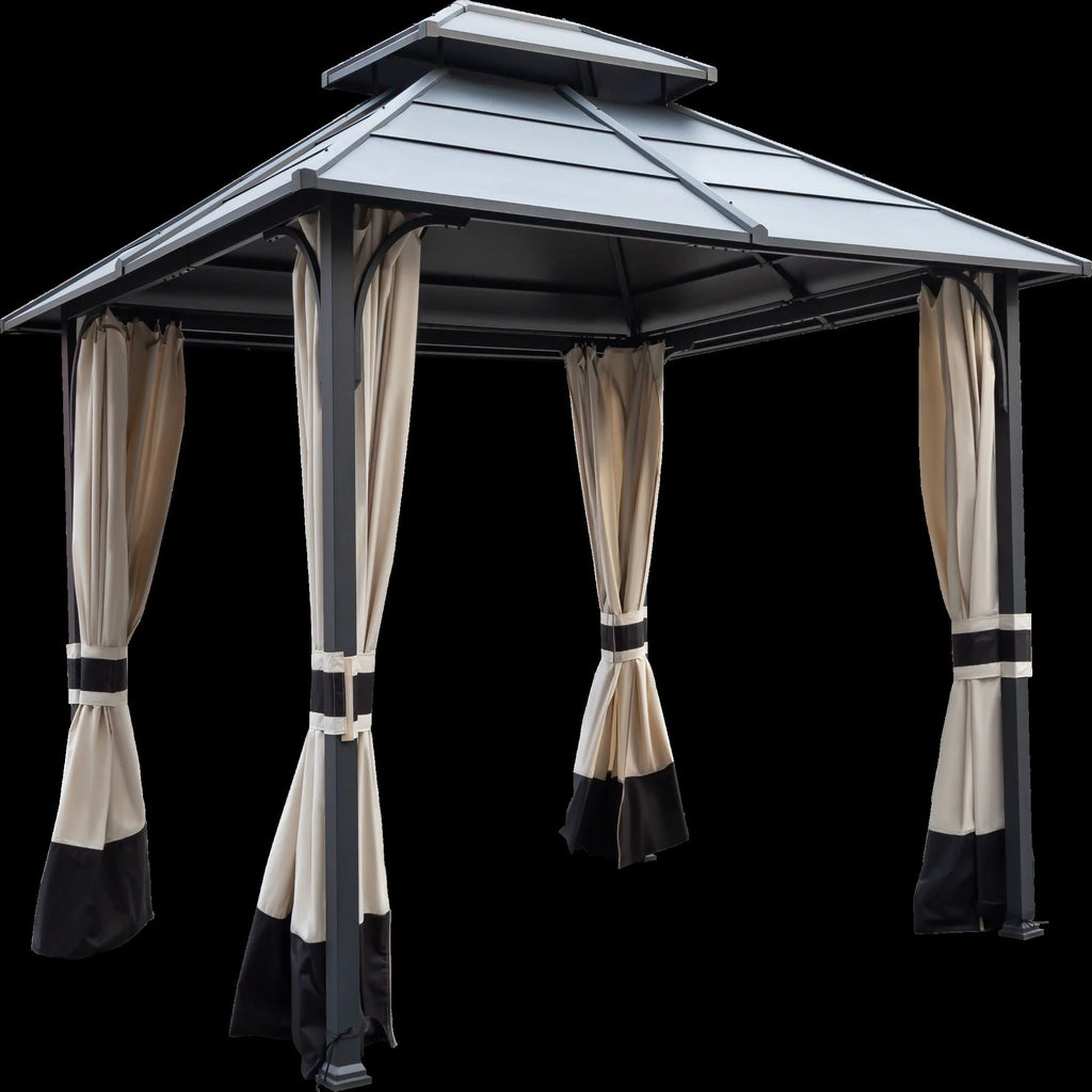10x12ft Galvanized Steel Hard Top Outdoor Gazebo with Netting and Curtains B2703