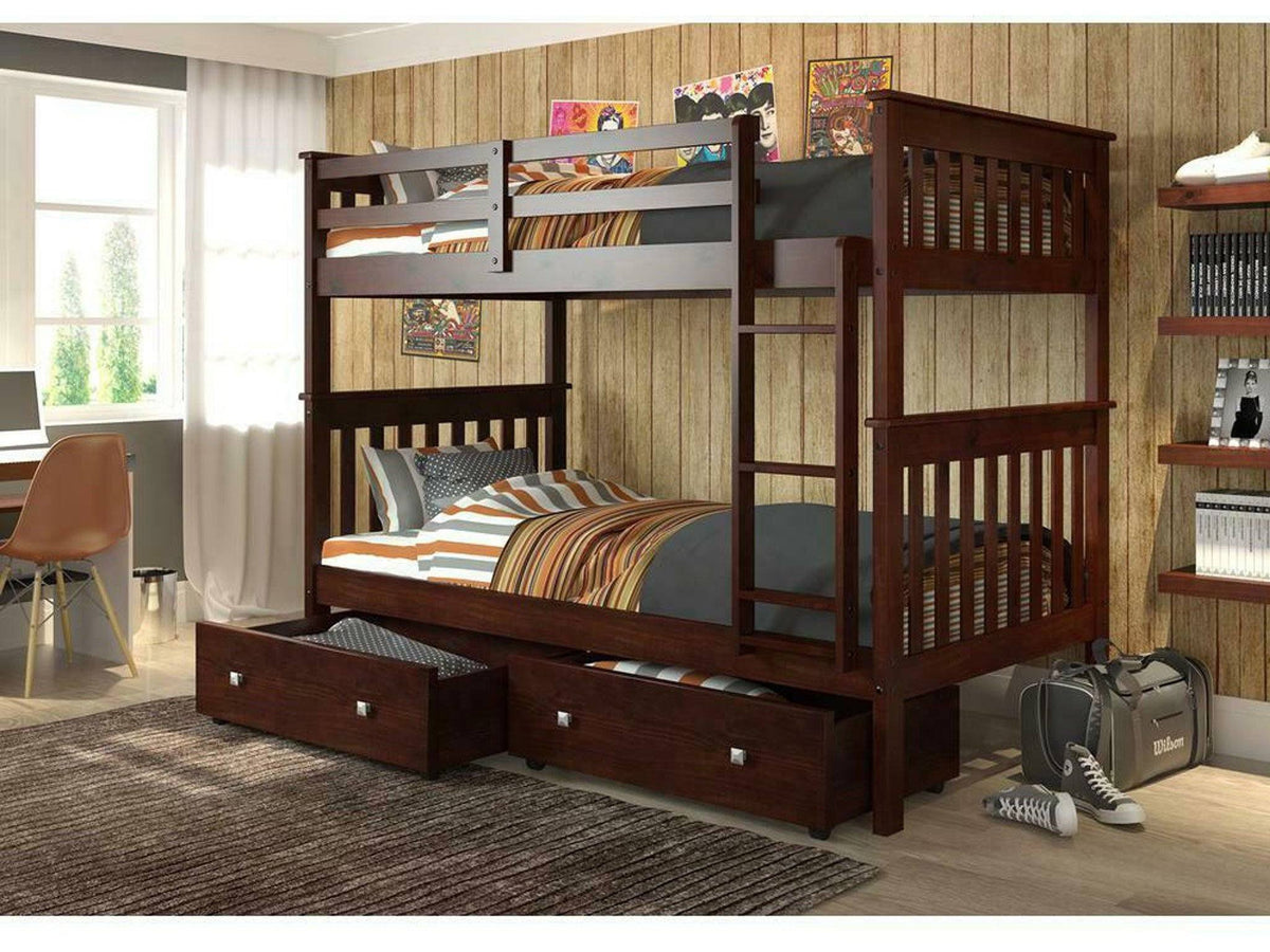 Twin/Twin Mission Bunk Bed with Under Bed Drawers Cappuccino Finish E4466