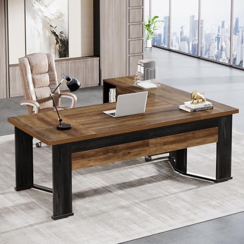 Brown and Black L Shaped Executive Desk with Mobile File Cabinet and 2 Drawers N223