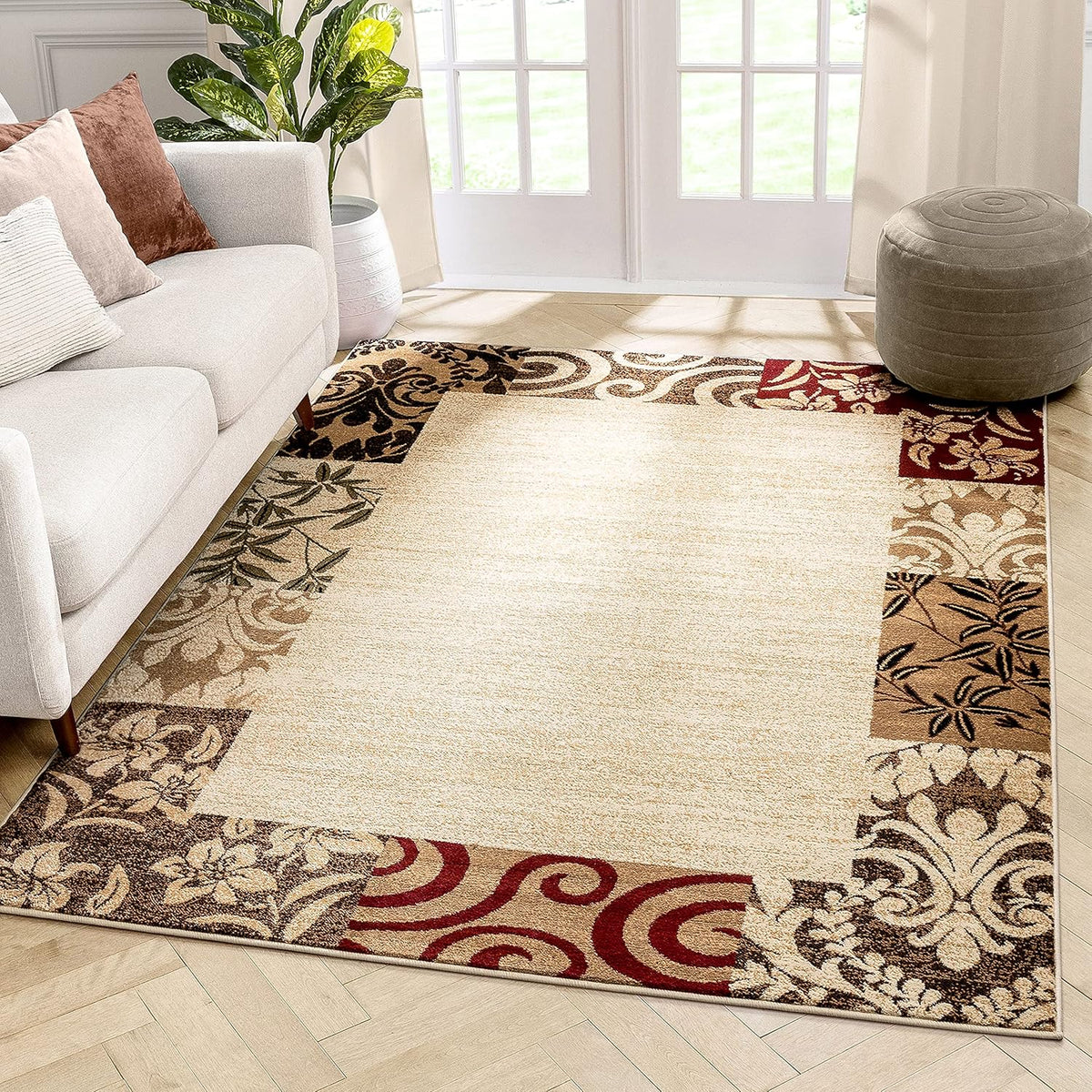 Beige Damask Border Rug 7x10 (6'7 x 9'6) S524018