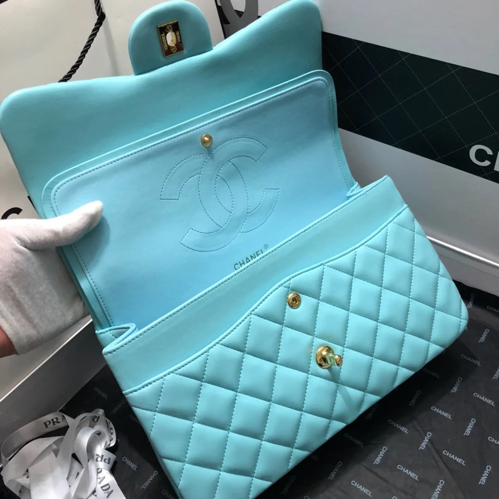 Large Classic Handbag Gold Hardware Blue 11.8in/30cm M709