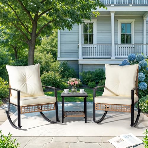 3-Piece Rattan Rocking Bistro Set with Cushions I101