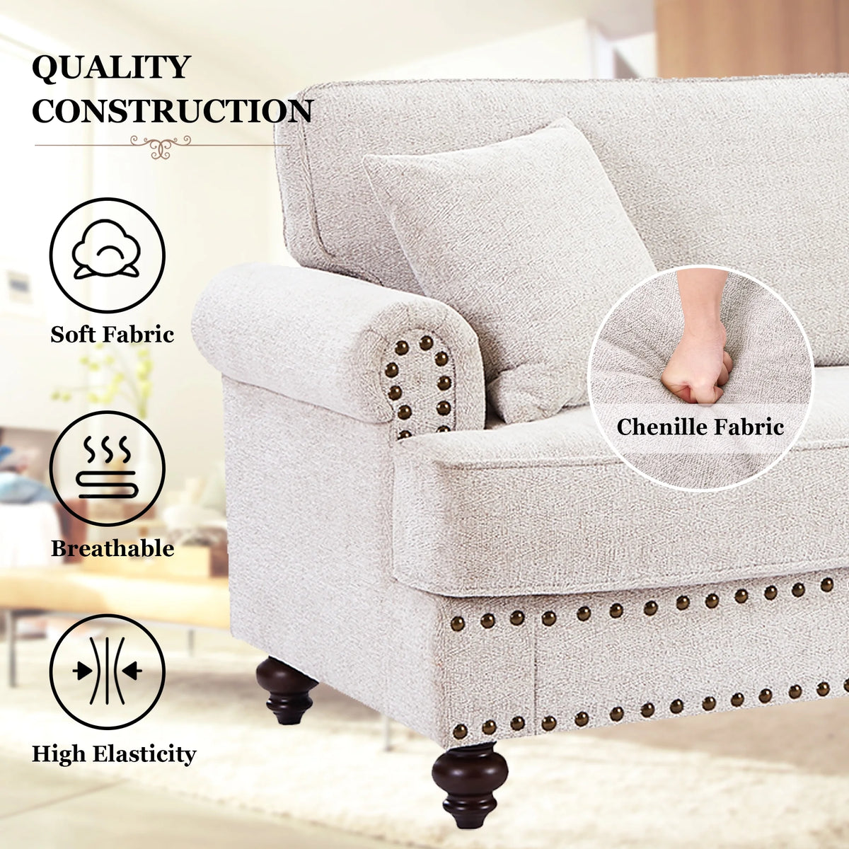 White Chenille 2 Seater Loveseat Sofa Z890