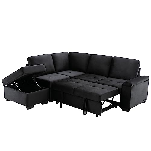Navy Blue L Shaped Sofa Bed with Pillows and USB Ports J926448