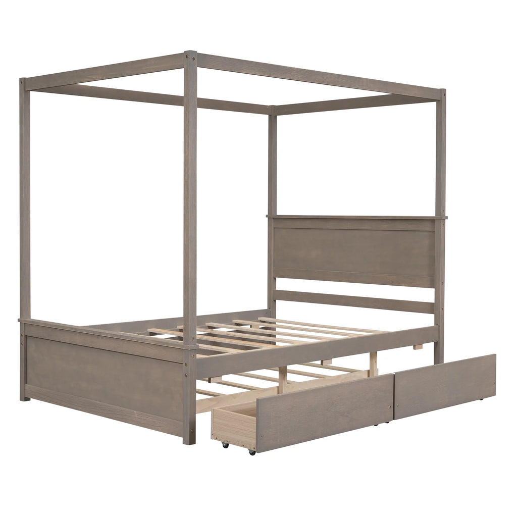 Light Brown Full Size Wood Canopy Platform Bed with 2 Drawers and Trundle Z4229