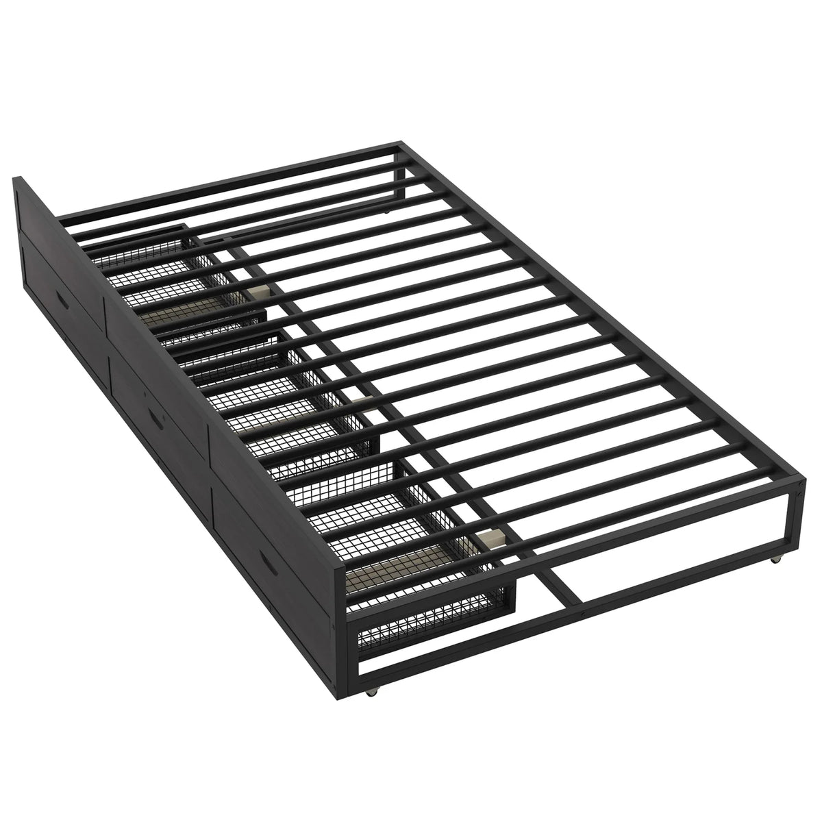 Queen Size Black Metal Canopy Platform Bed with Trundle and 3 Storage Drawers B165