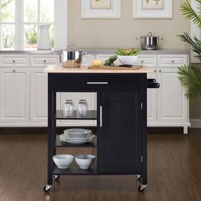 Black Kitchen Cart with Solid Wood Top E7780