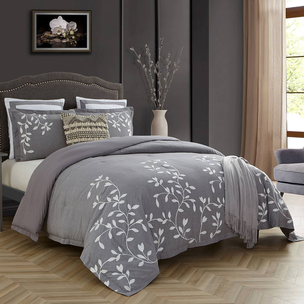 Queen Grey Chambray Cotton Comforter Set W98777