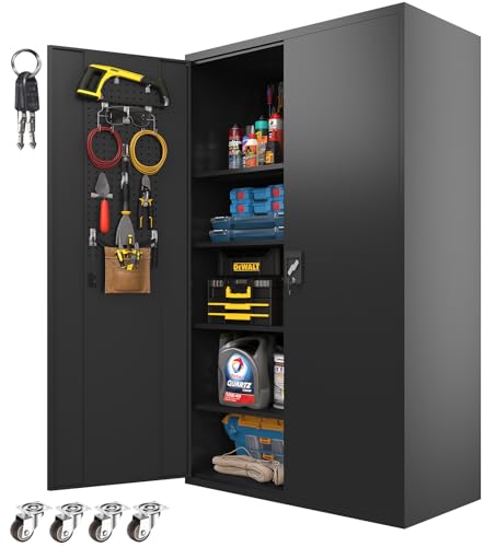 72 Inch Black Lockable Metal Storage Cabinet with Wheels N288