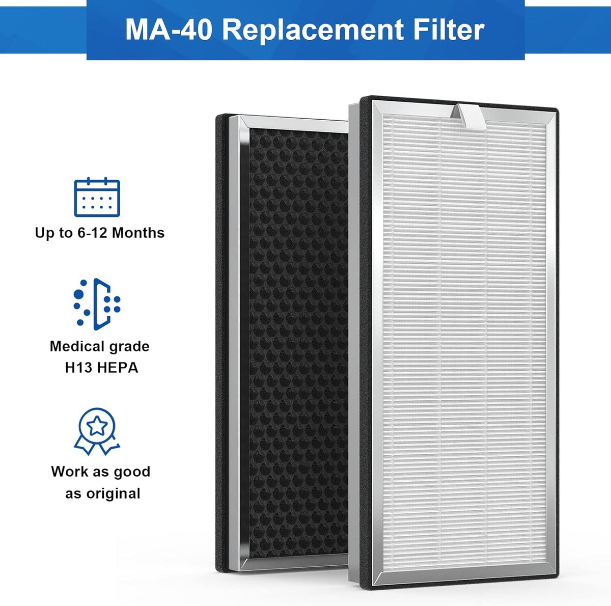 2 Pack MA-40 Replacement Filters, 3-in-1 H13 HEPA Activated Carbon Filter V66233
