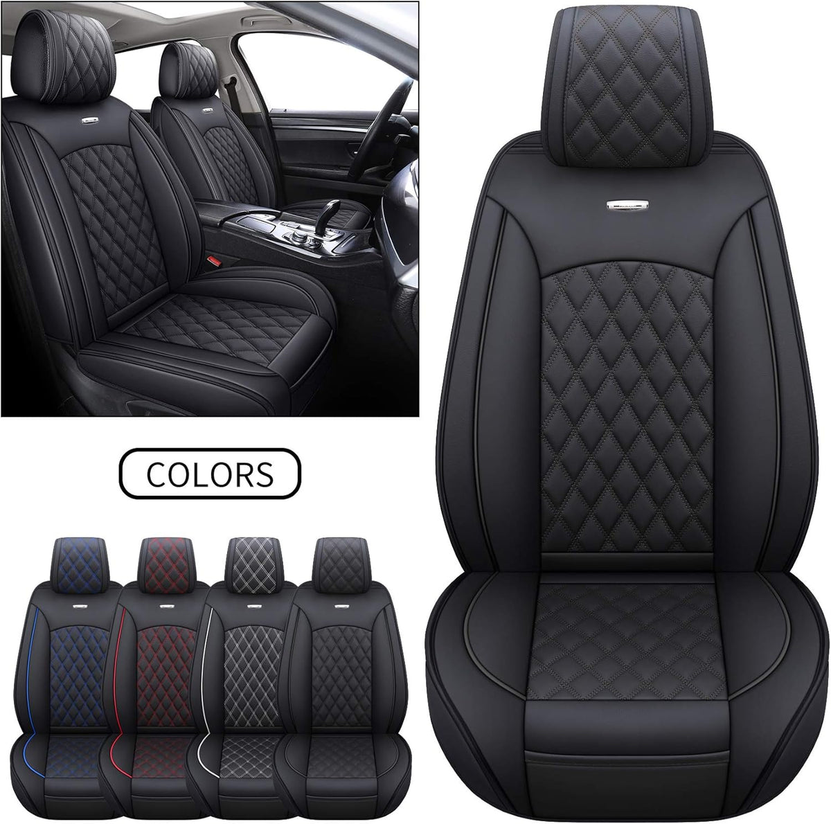 Waterproof Leather Car Seat Covers Full Set Black-Blue W48871