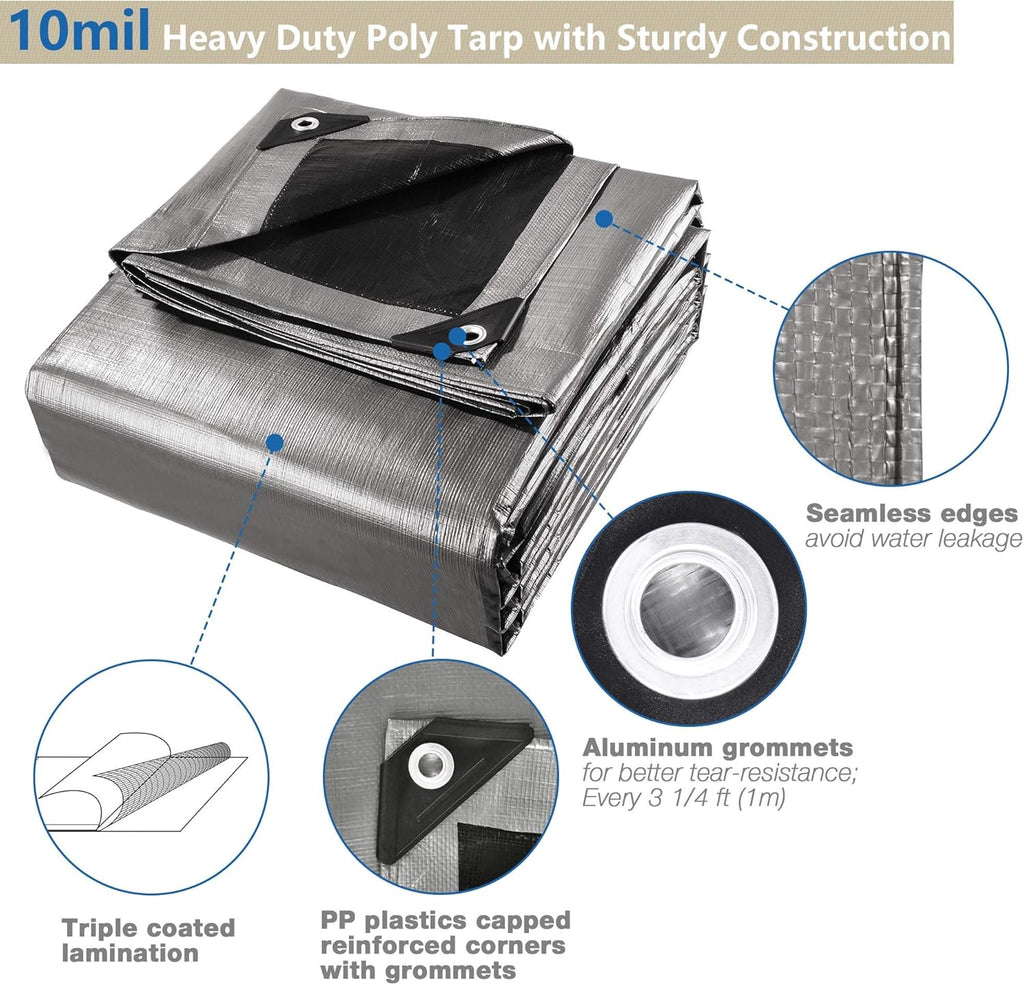 Heavy Duty Reinforced Poly Tarp Waterproof Tarpaulin 10-mil with Eyelets Q797549